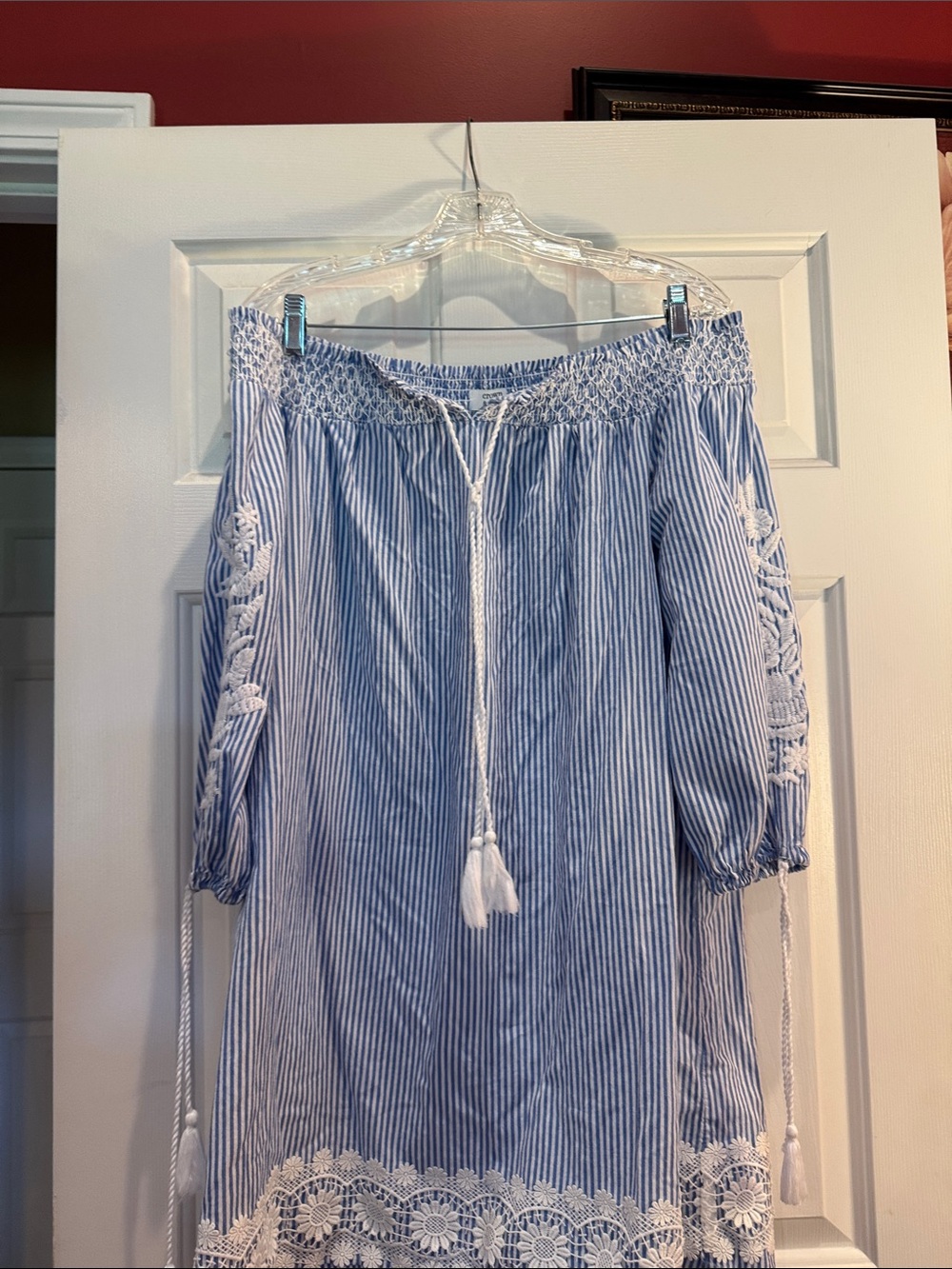 crown & ivy Blue and White Striped Off-Shoulder Long Sleeve Dress